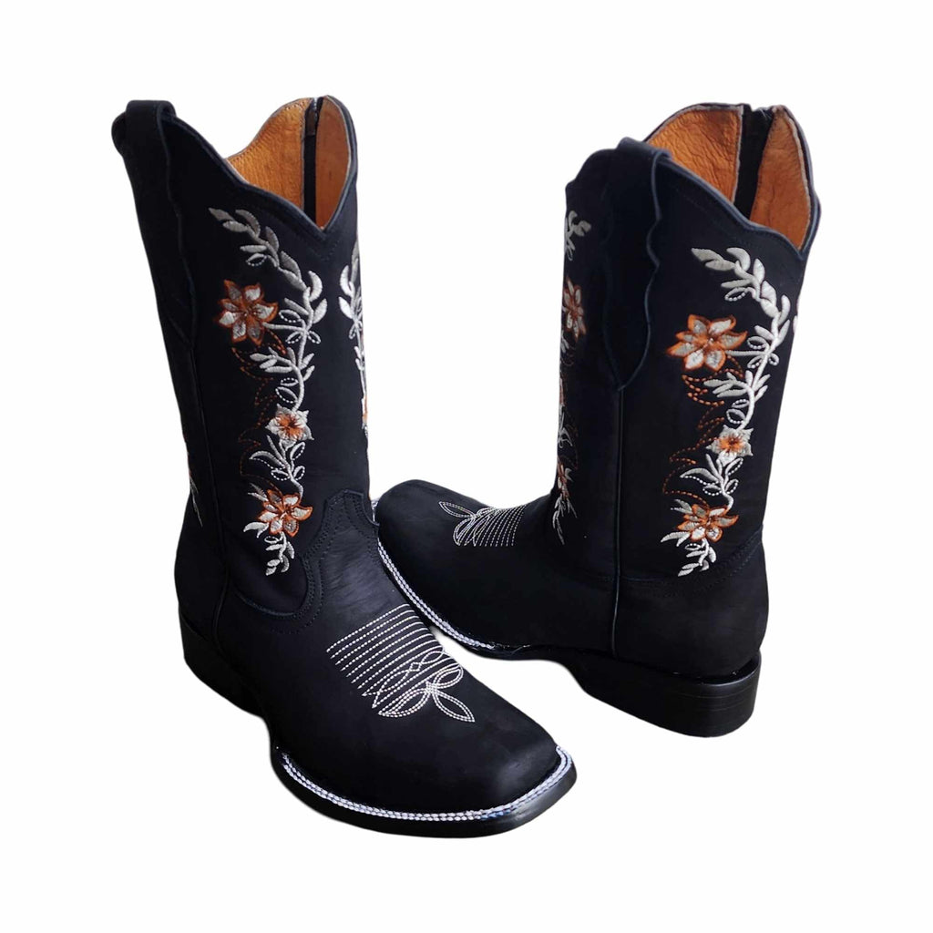 Dona Michi WOMENS COWGIRL Square toe leather Flower embroidered Design with zipper Botas para Mujer con Zierre