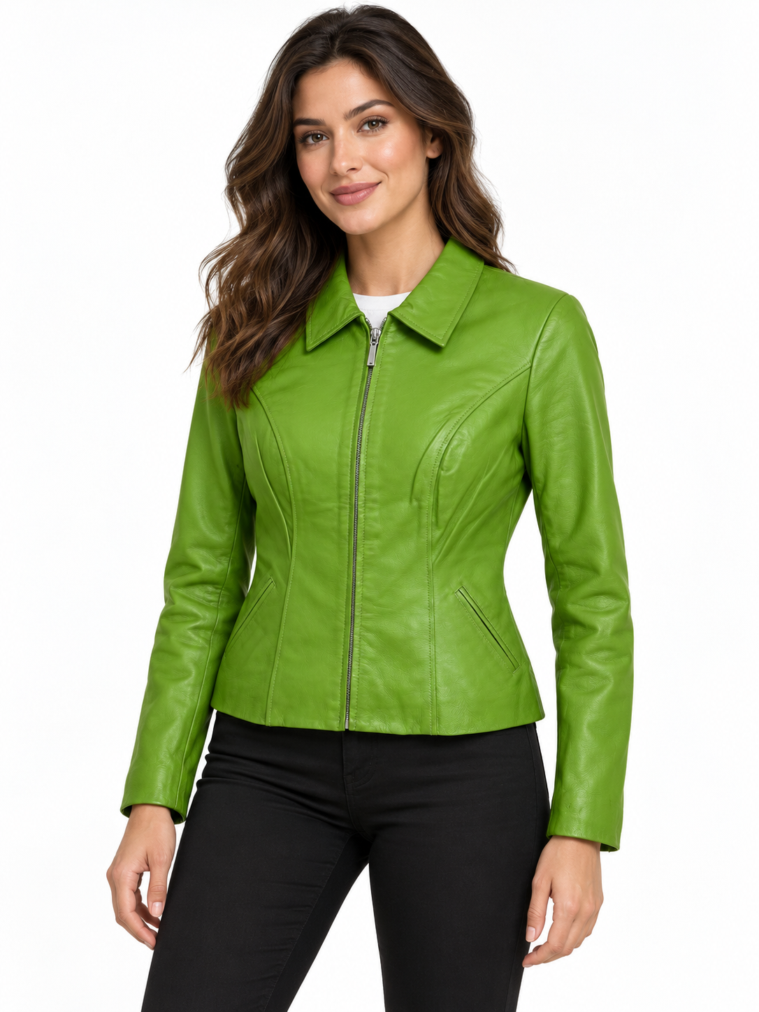 Women’s Genuine Leather Fitted Jacket – Green Zip-Front Jacket with Collar and Side Pockets