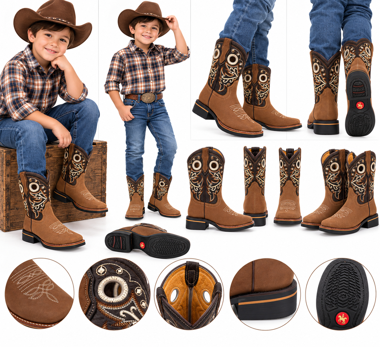 Junior Genuine Leather Western Cowboy Boots – Brown Embroidered Square Toe