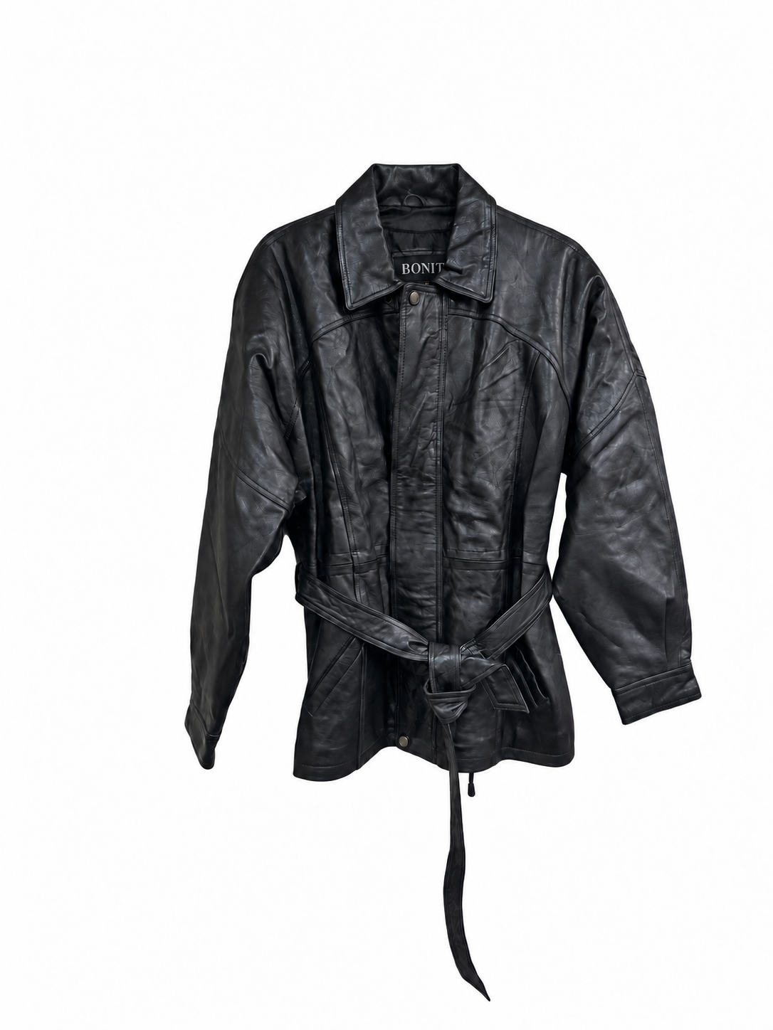 Title: Men’s Genuine Black Leather Belted 3/4-Length Jacket Trench Coat