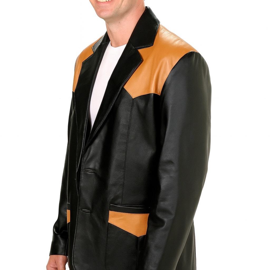 Men’s Genuine Leather Western Sport Coat Blazer – Black/Mango Leather Cowboy Jacket, Western Yoke, 2-Button Casual Dress Jacket