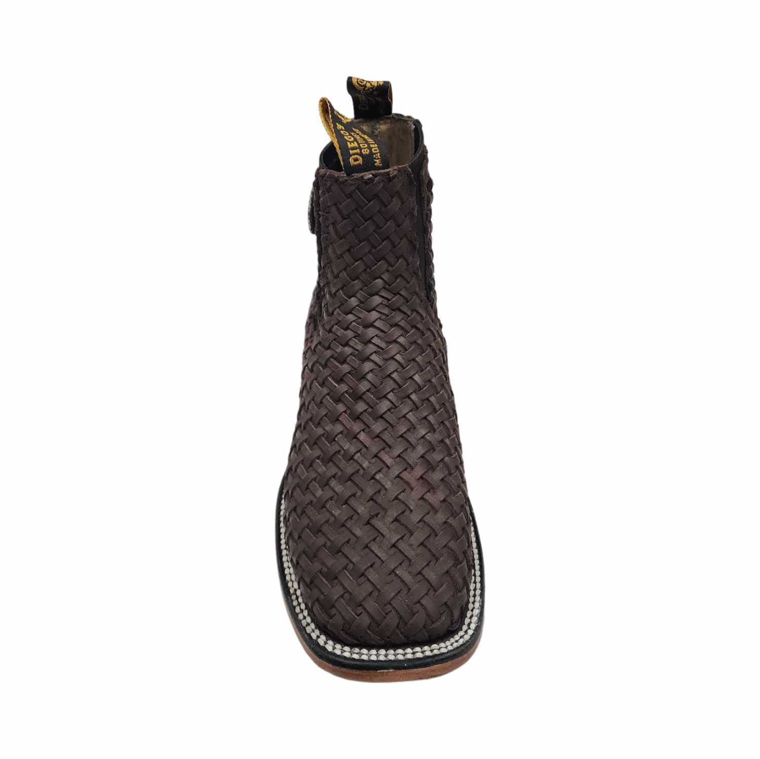 Mens Leather Cowboy Western Hand Woven Braided Square Toe half boots Chelsea Botin Vaquero Petatillo Tejidos