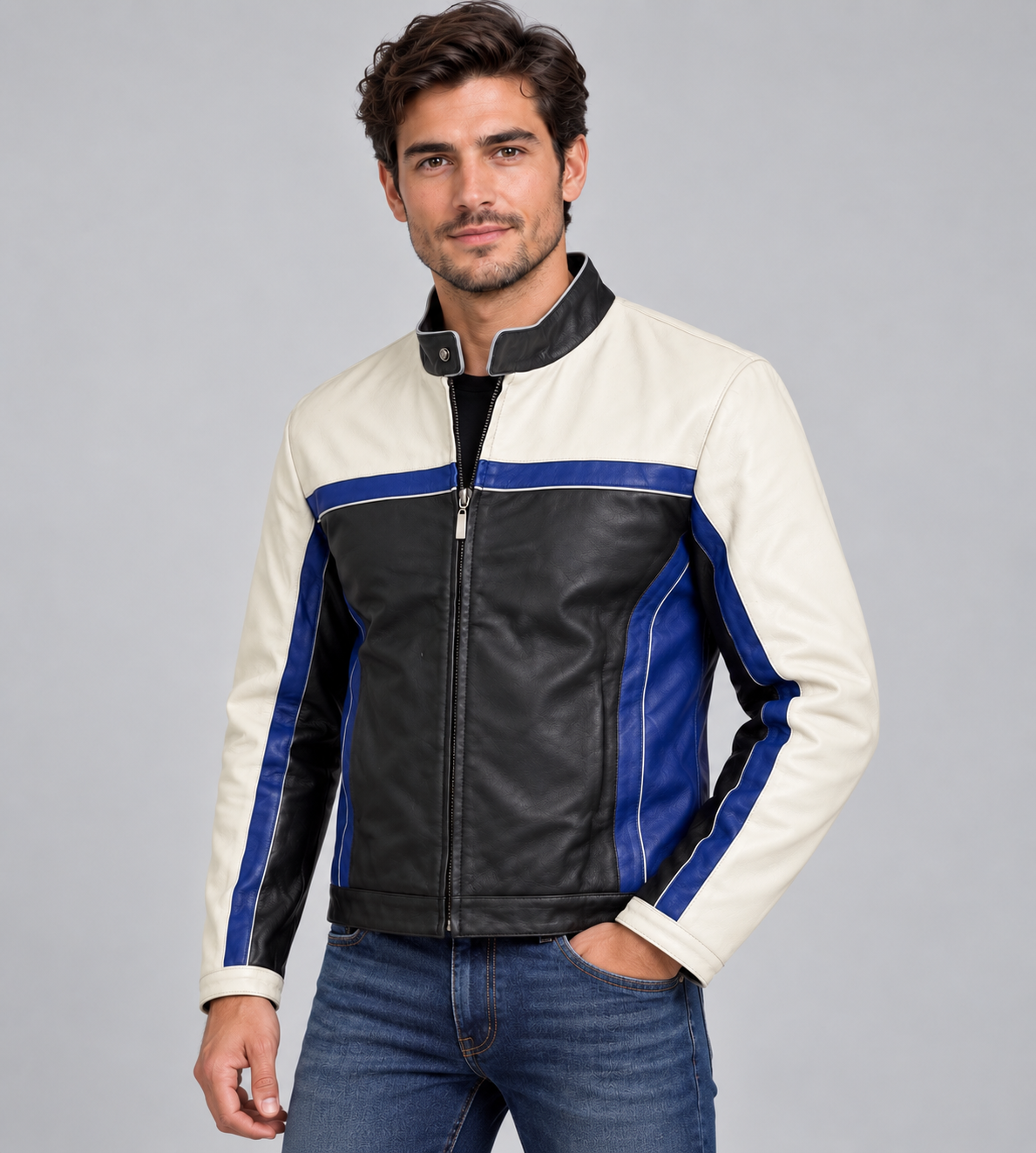 Men’s Genuine Leather Racing Jacket, Black, Blue & Ivory Colorblock Motorcycle Style, Full-Zip Stand Collar