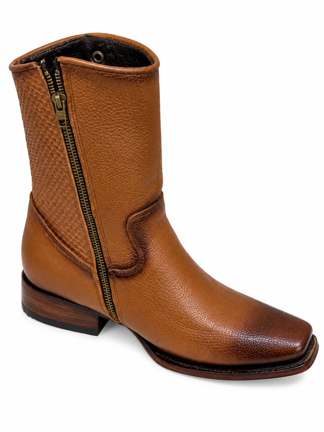 Men’s Genuine Leather Black Cowboy Boots Square Toe Western Side Zip Boots