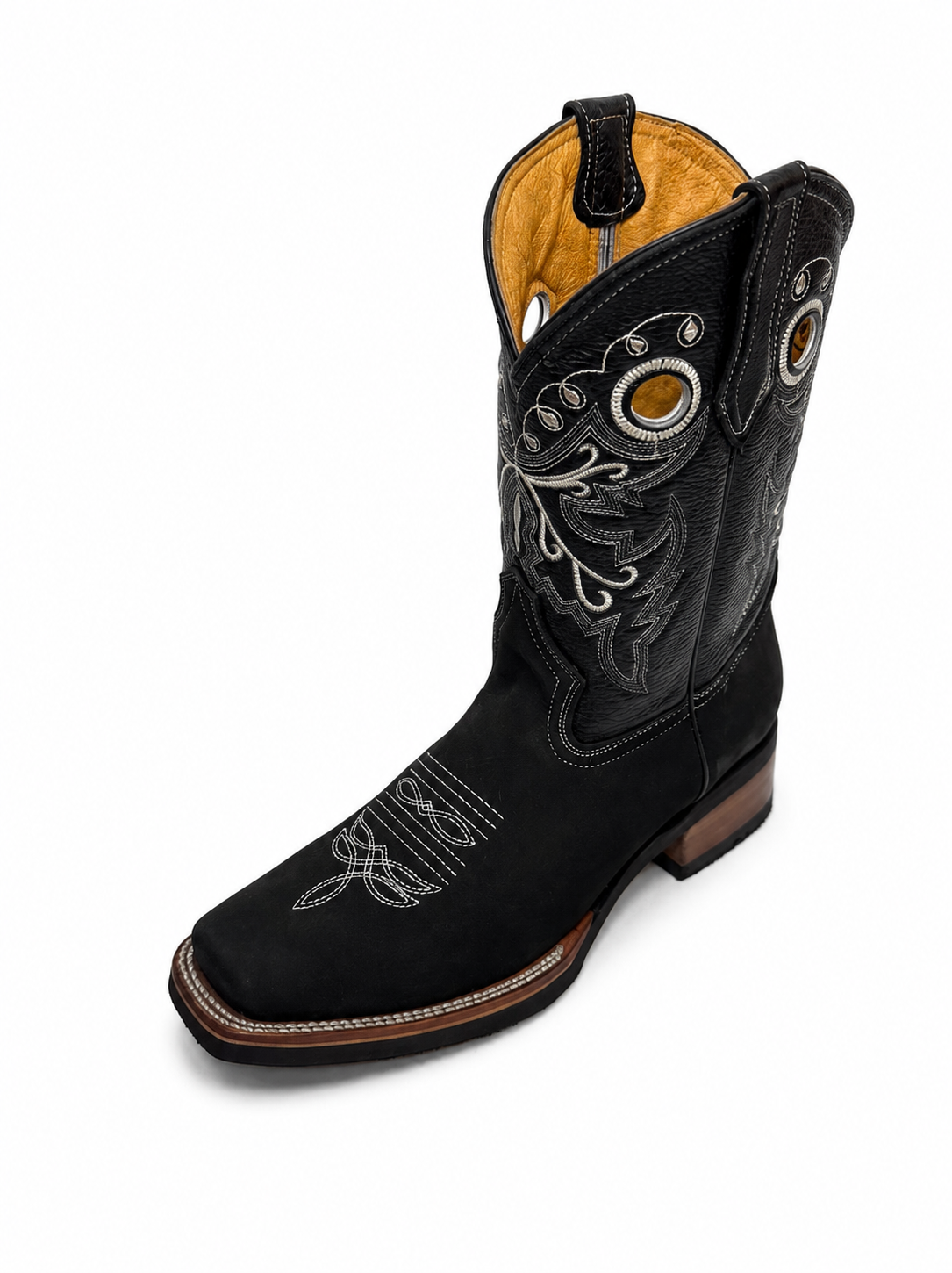 Men’s Genuine Leather Cowboy Rodeo Boots – Black Square Toe Western Boots