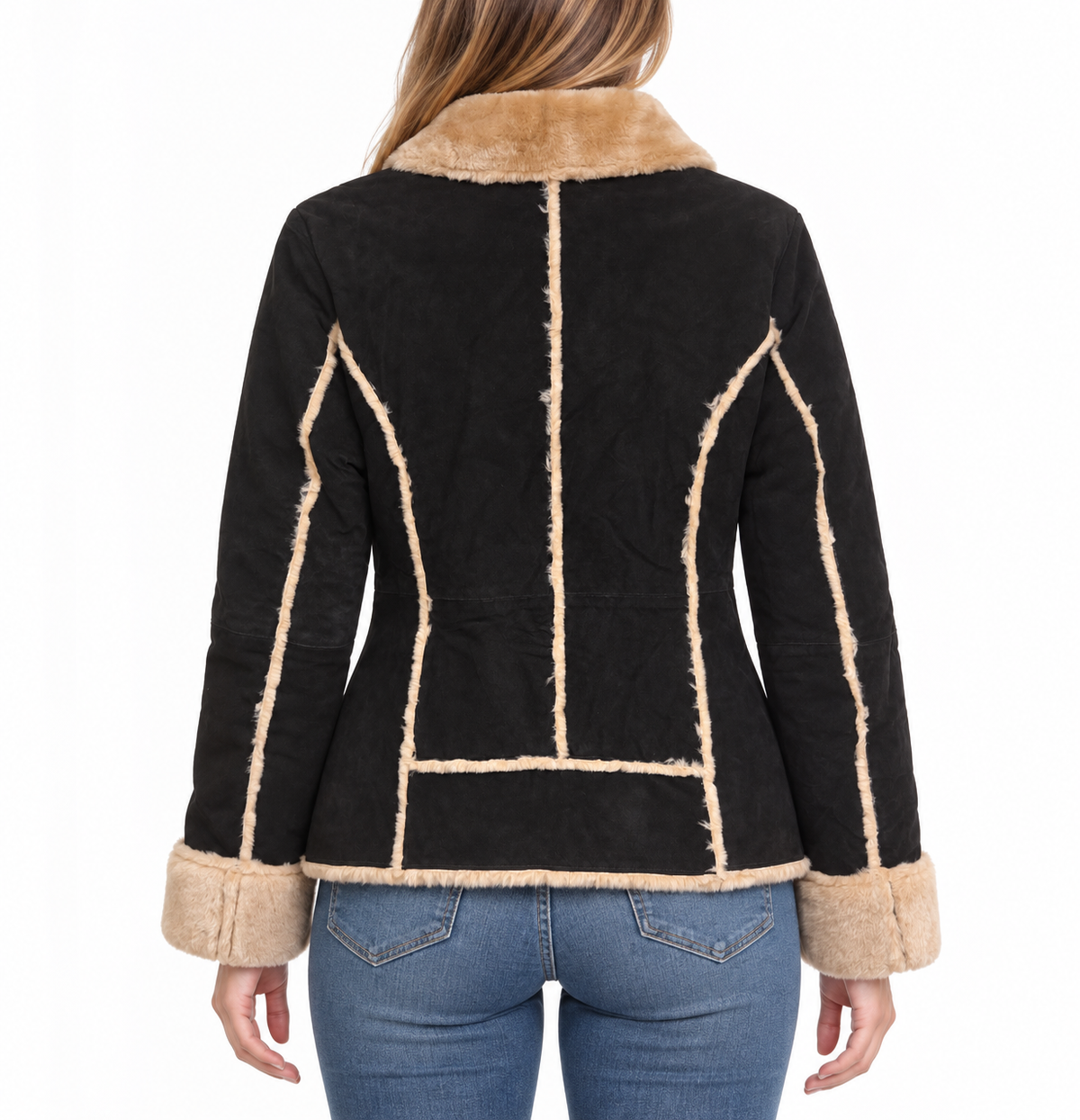 Women’s Genuine Suede Jacket with Plush Faux-Fur Lining, Tan Faux-Fur Collar and Cuffs, Full-Zip Front