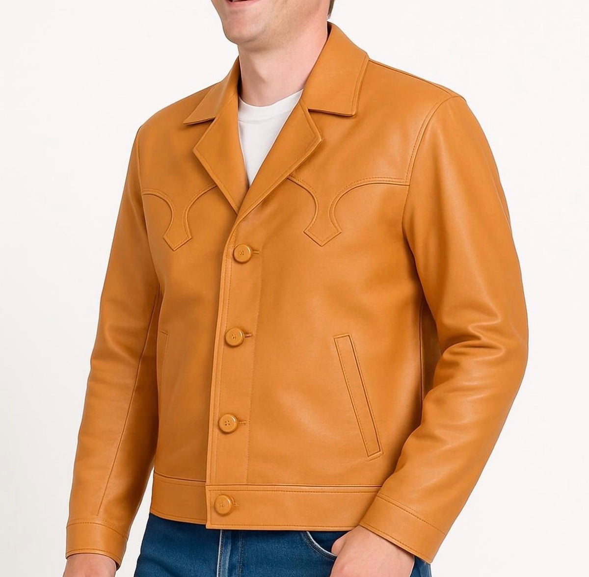 Men’s Genuine Leather Western Jacket – Mango  Button-Front Cowboy Coat