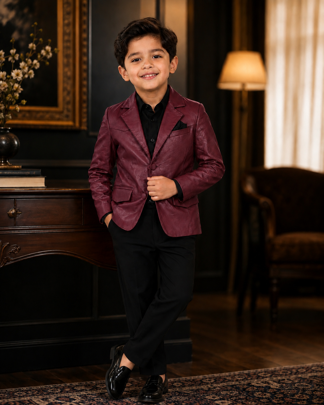 Kids Genuine Lambskin Leather Blazer –  Burgundy