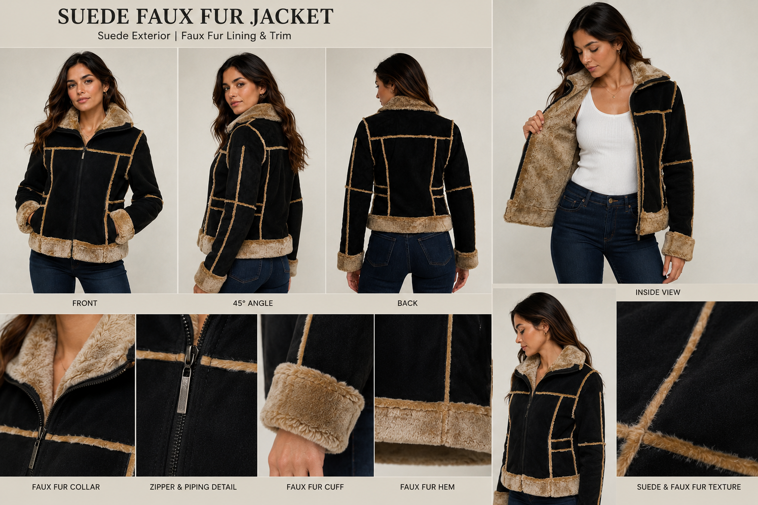 Women’s Black Suede Leather Faux Fur Jacket – Size Small