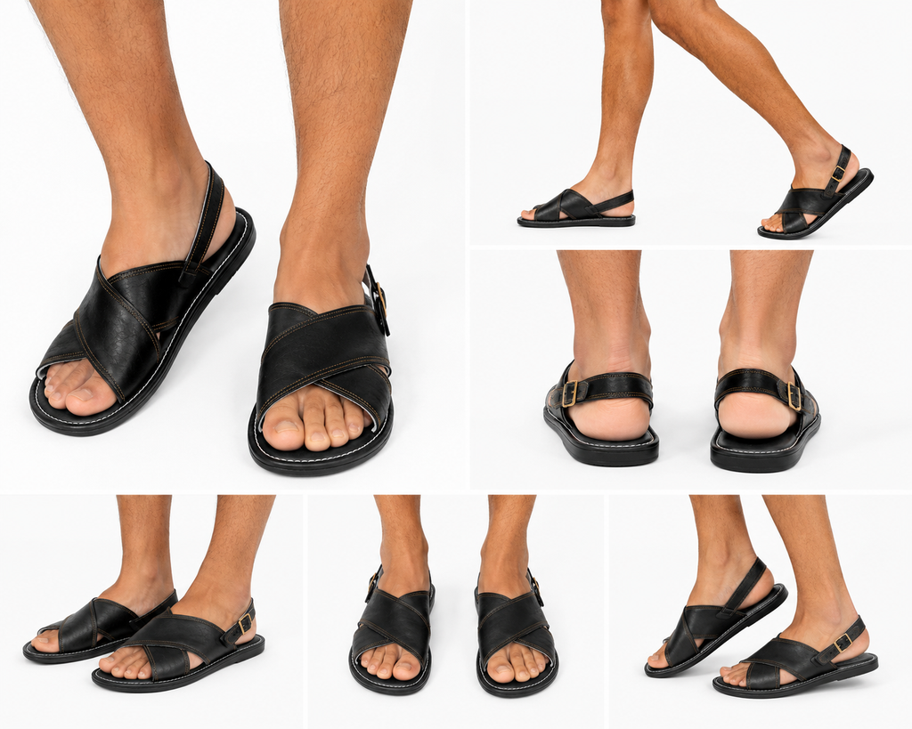 Men’s Authentic Mexican Leather Sandals – Black Cross-Strap Cojinado