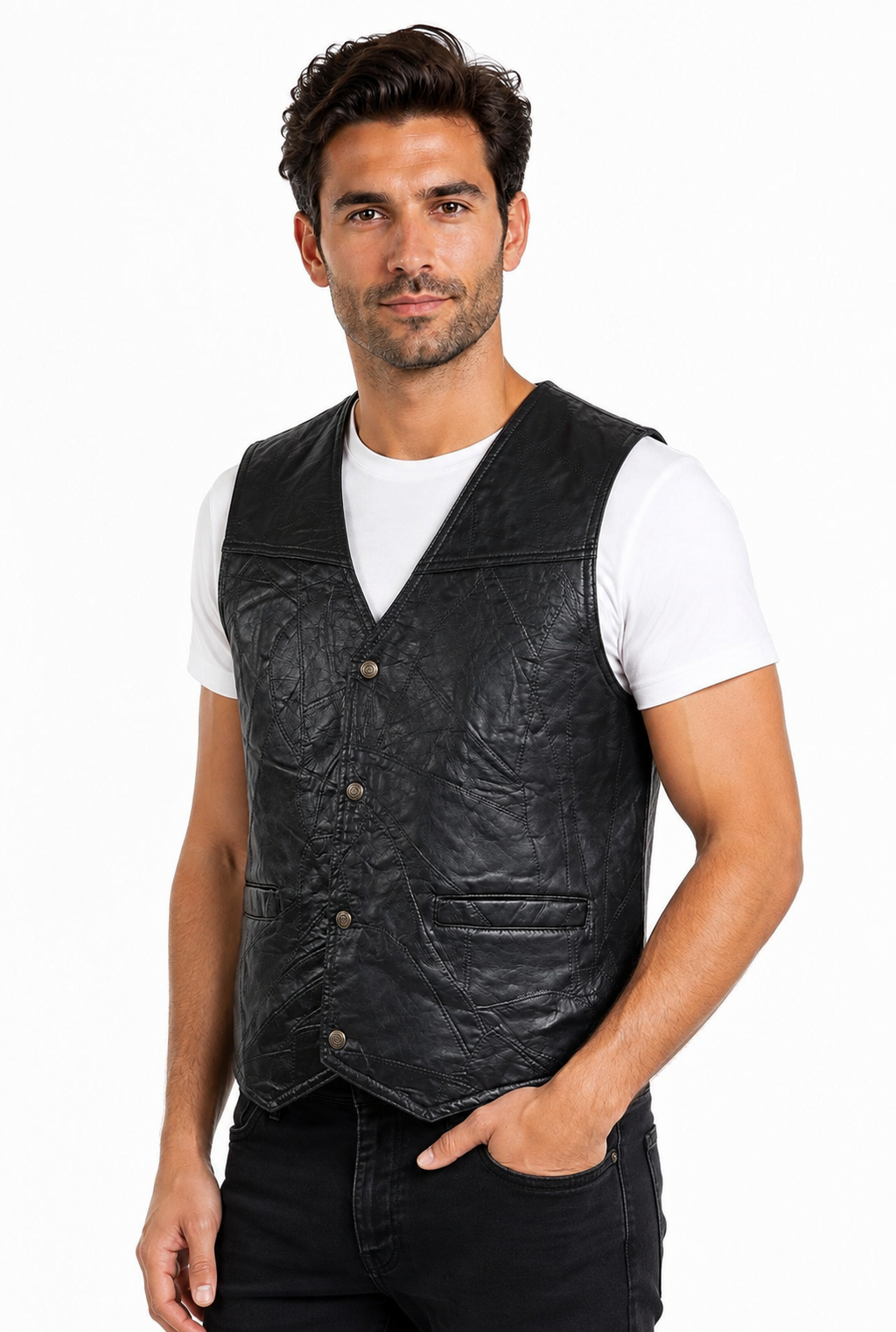 Men’s Genuine Leather Patchwork Vest – Black Snap-Front Western Biker Waistcoat with Pockets