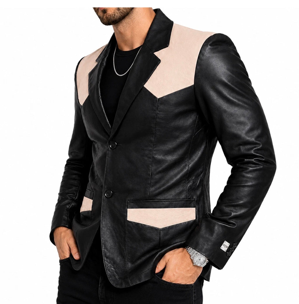 Men’s Genuine Leather Western Blazer – Black & Ivory Cowboy Jacket