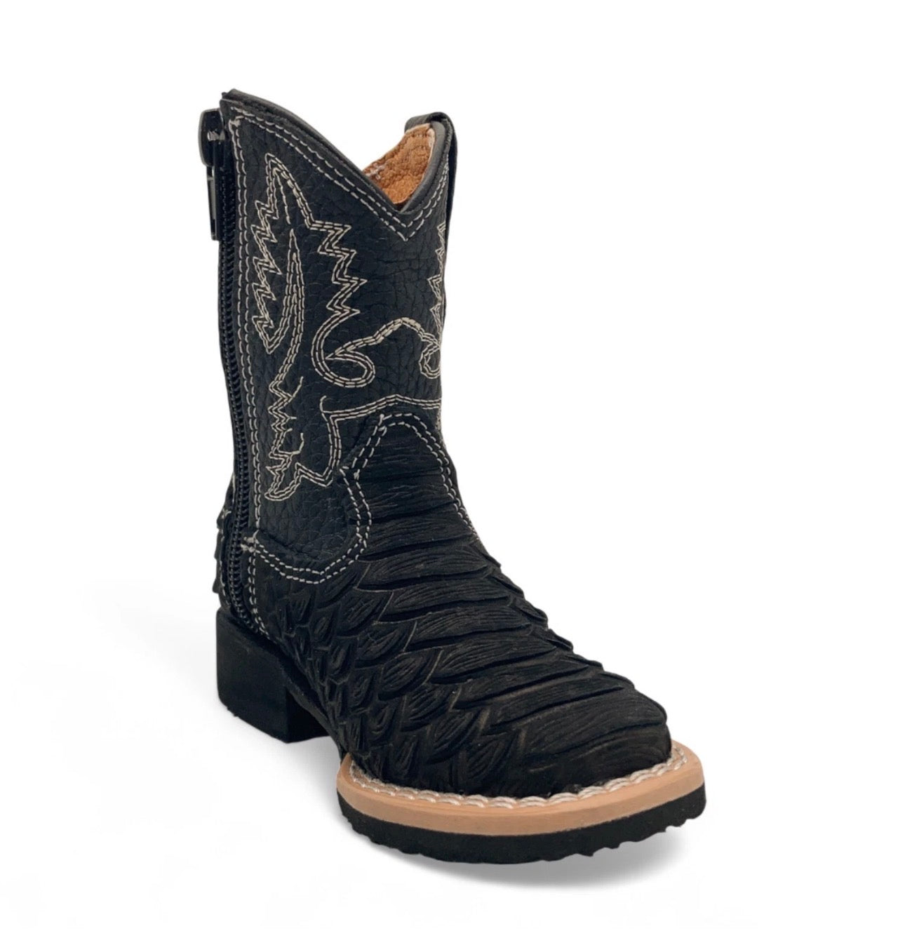 Kids Fish Print Western Cowboy Boots – Side Zipper Square Toe