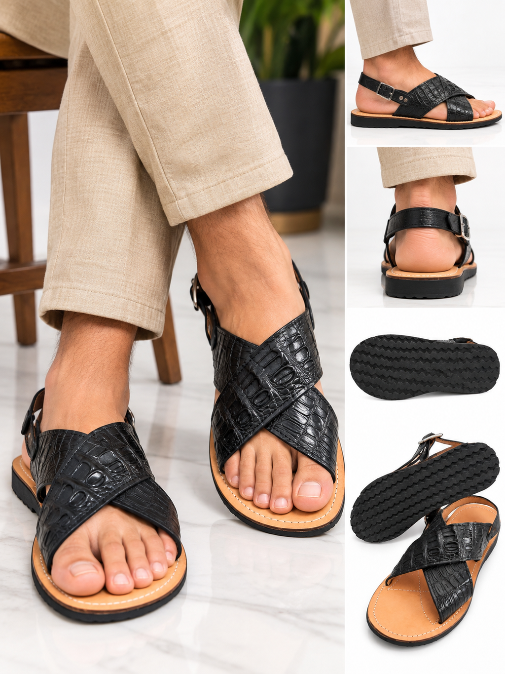 Genuine Crocodile Leather Sandals Men Cross Strap Rubber Sole Made in USA