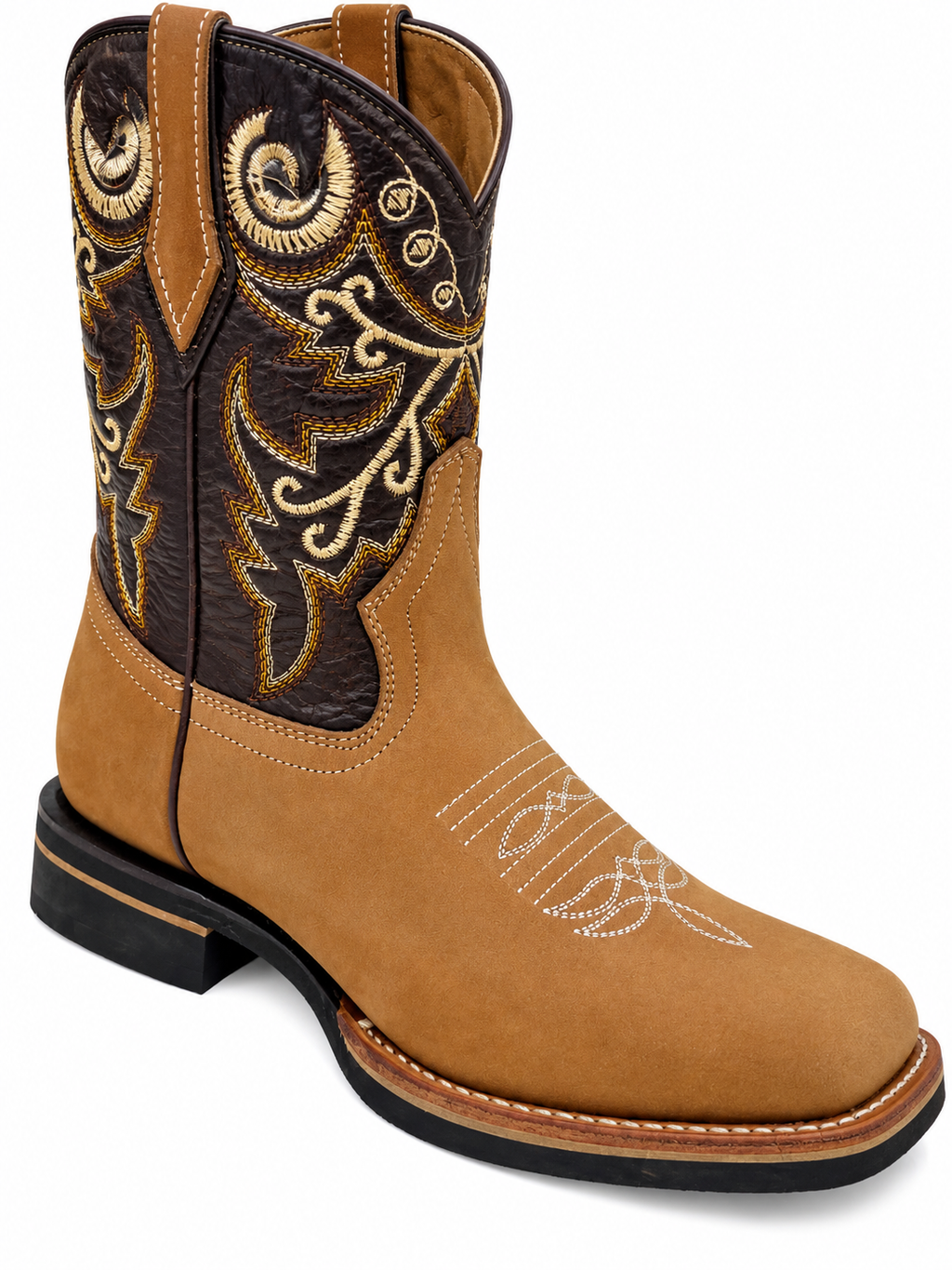 Junior Genuine Leather Western Cowboy  – Tan Embroidered Square Toe