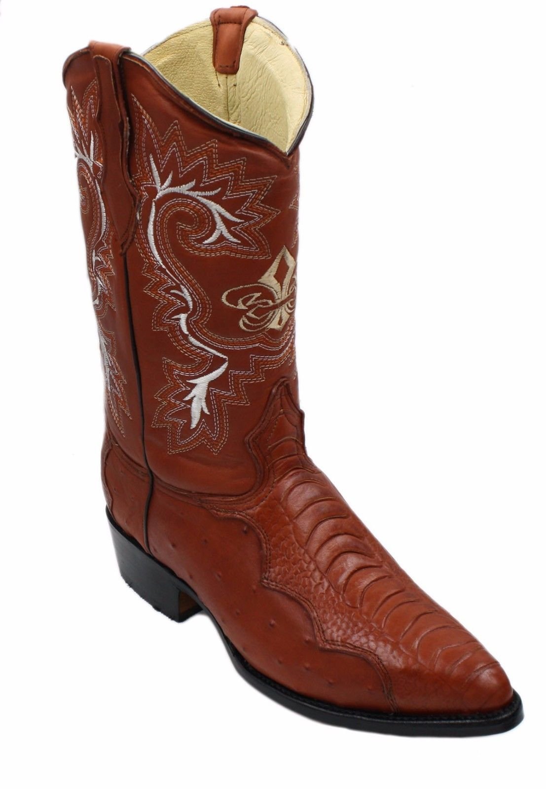 Men Genuine Cowhide Ostrich and Crocodile Print Leather J Toe Cowboy Boots