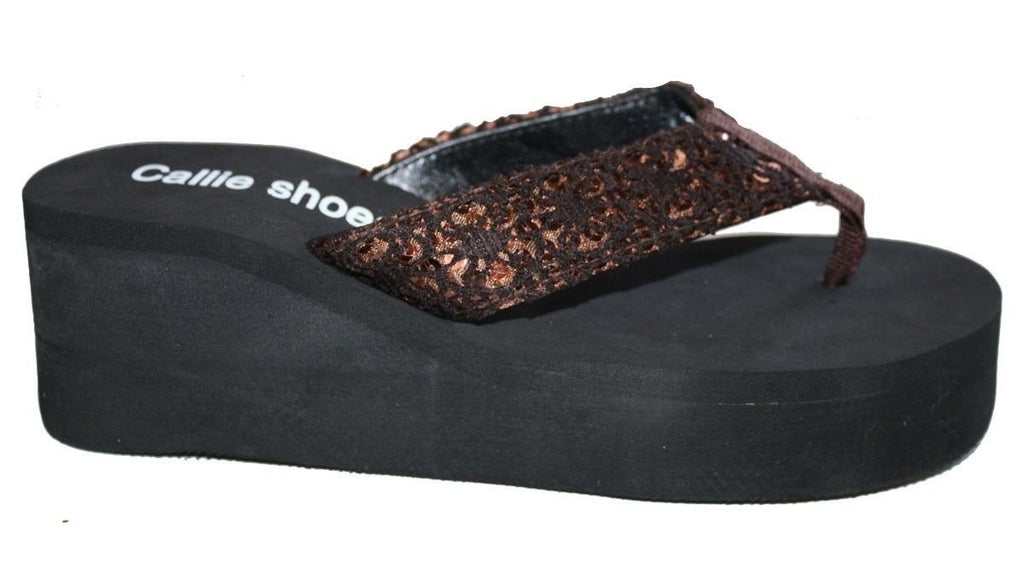 Dona Michi Leather Womens LA BEUATY Sequin Platform Thong Flip Flops Wedge Sandal : Heel 2.6" Apporx