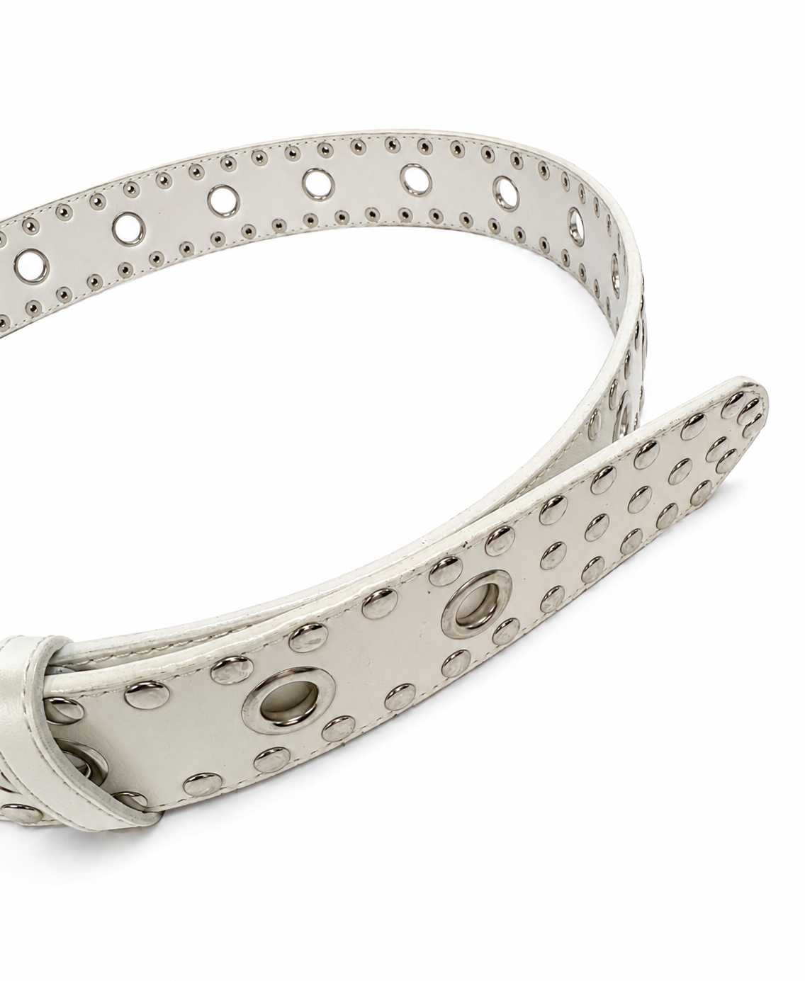 Women’s White Faux Leather Grommet Belt – Silver Studded Punk Western Fashion Belt