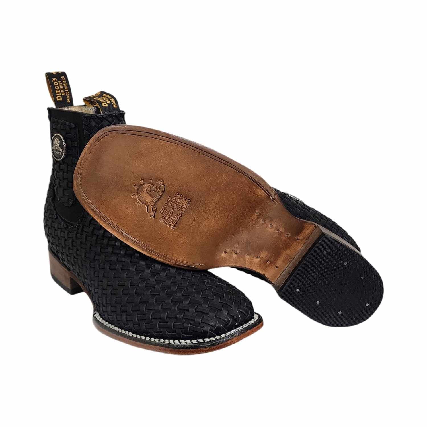 Mens Leather Cowboy Western Hand Woven Braided Square Toe half boots Chelsea Botin Vaquero Petatillo Tejidos