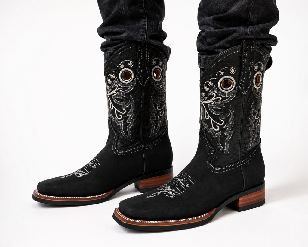 Men’s Genuine Leather Cowboy Rodeo Boots – Black Square Toe Western Boots