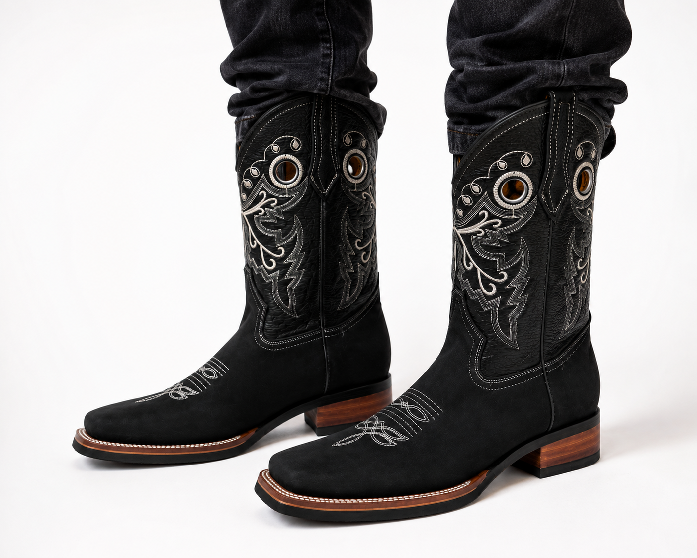 Men’s Genuine Leather Cowboy Rodeo Boots – Black Square Toe Western Boots