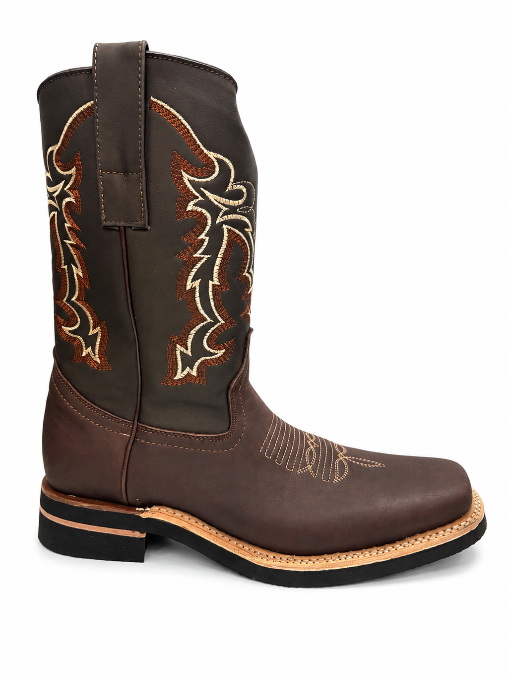 Men's Genuine Leather Western Cowboy Boots – Broad Square Toe Embroidered Rodeo Work & Riding Boots