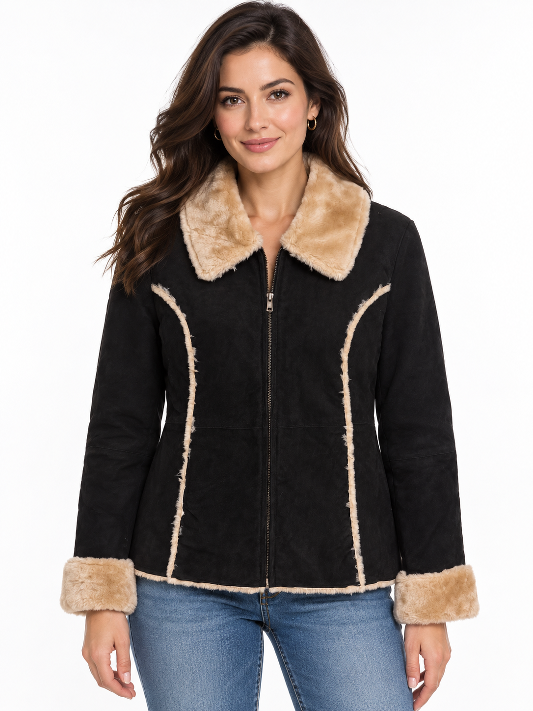 Women’s Genuine Suede Jacket with Plush Faux-Fur Lining, Tan Faux-Fur Collar and Cuffs, Full-Zip Front