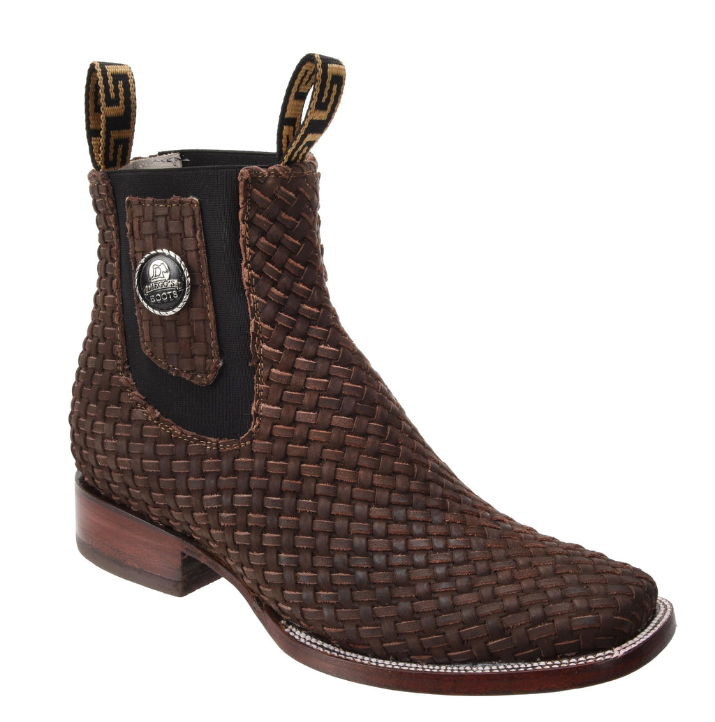 Mens Leather Cowboy Western Hand Woven Braided Square Toe half boots Chelsea Botin Vaquero Petatillo Tejidos