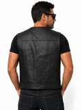 Men's Genuine Soft Cowhide Leather Buttons Closure Western/Biker Vest Black