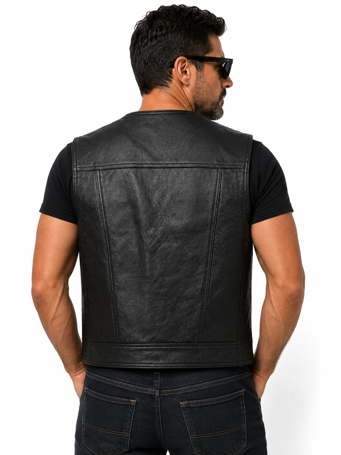 Men's Genuine Soft Cowhide Leather Buttons Closure Western/Biker Vest Black