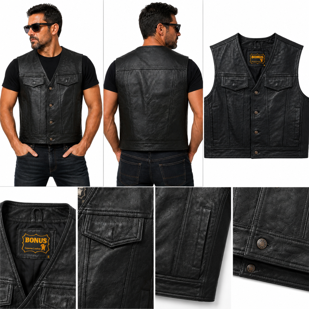 Men's Genuine Soft Cowhide Leather Buttons Closure Western/Biker Vest Black