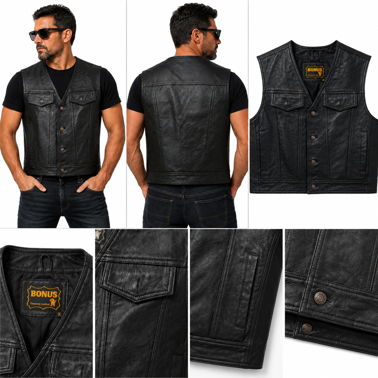 Men's Genuine Soft Cowhide Leather Buttons Closure Western/Biker Vest Black