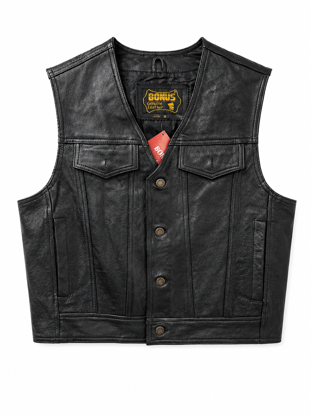 Men's Genuine Soft Cowhide Leather Buttons Closure Western/Biker Vest Black