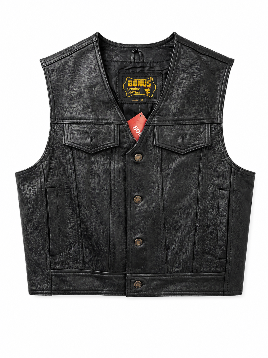 Men's Genuine Soft Cowhide Leather Buttons Closure Western/Biker Vest Black