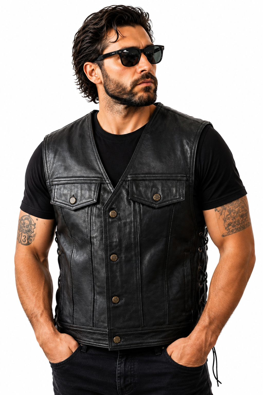 Men's Genuine Soft Cowhide Leather Buttons Closure Western/Biker Vest Black