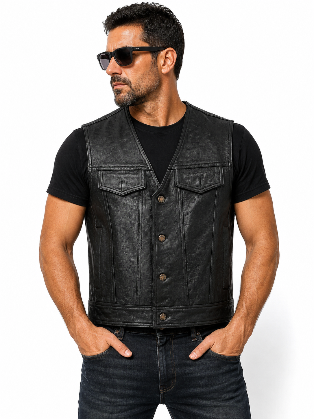 Men's Genuine Soft Cowhide Leather Buttons Closure Western/Biker Vest Black