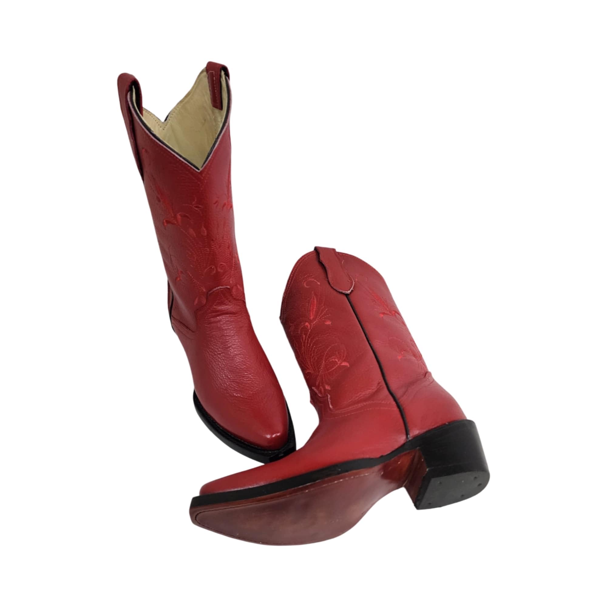 Dona Michi Women's Western Cowgirl White and Red Pointy Toe Boots Genuine Leather Dama Puntal