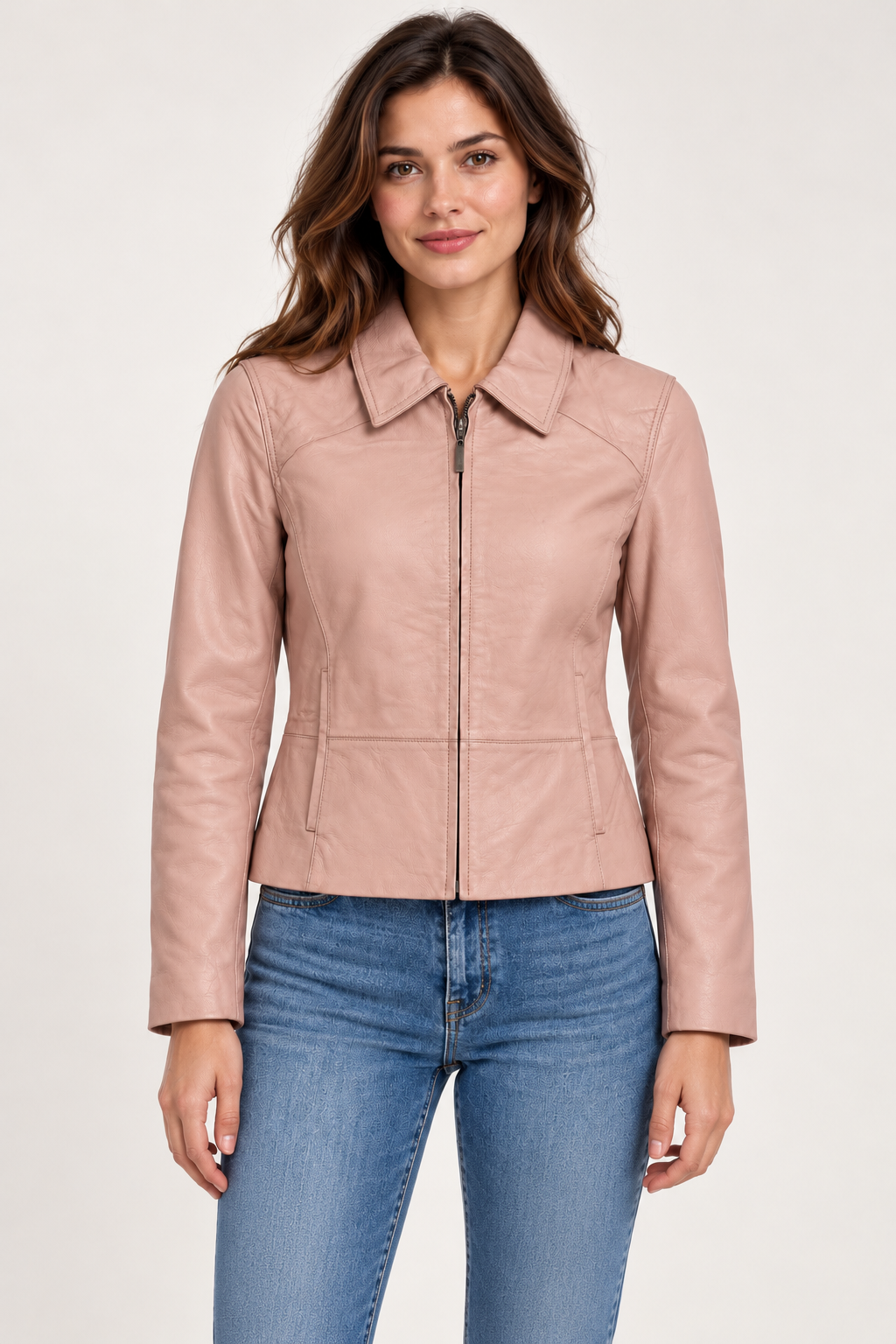 Women’s Genuine Leather Jacket – Pink Zip-Front Fitted Coat with Pointed Collar and Side Pockets