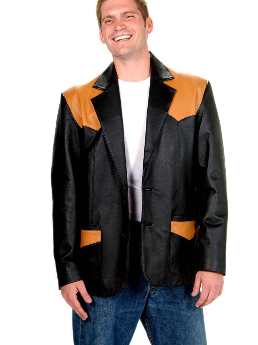 Men’s Genuine Leather Western Sport Coat Blazer – Black/Mango Leather Cowboy Jacket, Western Yoke, 2-Button Casual Dress Jacket