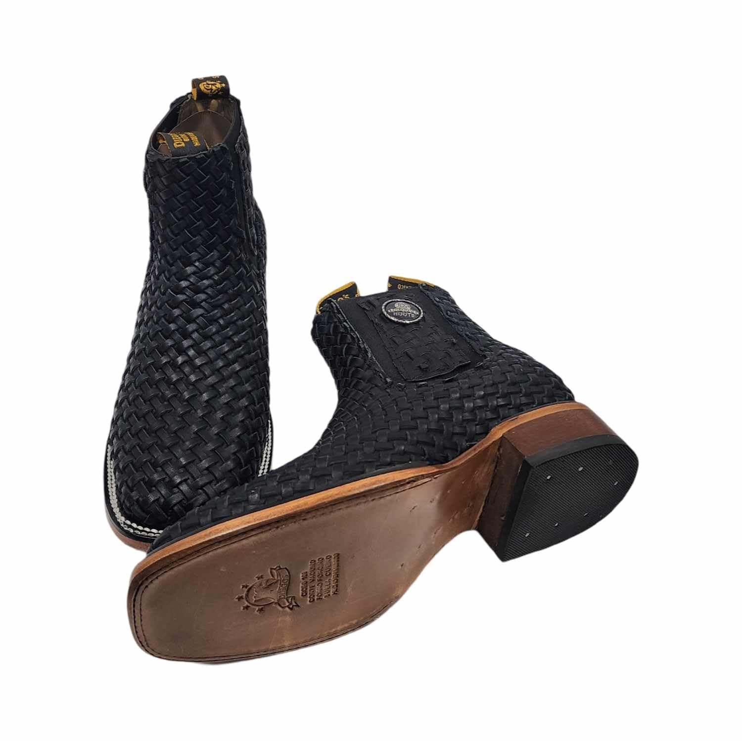 Mens Leather Cowboy Western Hand Woven Braided Square Toe half boots Chelsea Botin Vaquero Petatillo Tejidos