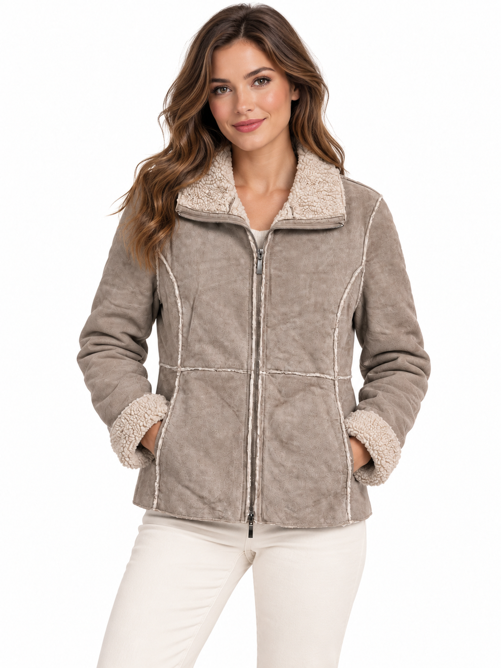 Women’s Genuine Suede Leather Jacket with Faux-Shearling Lining – Full-Zip Warm Winter Coat
