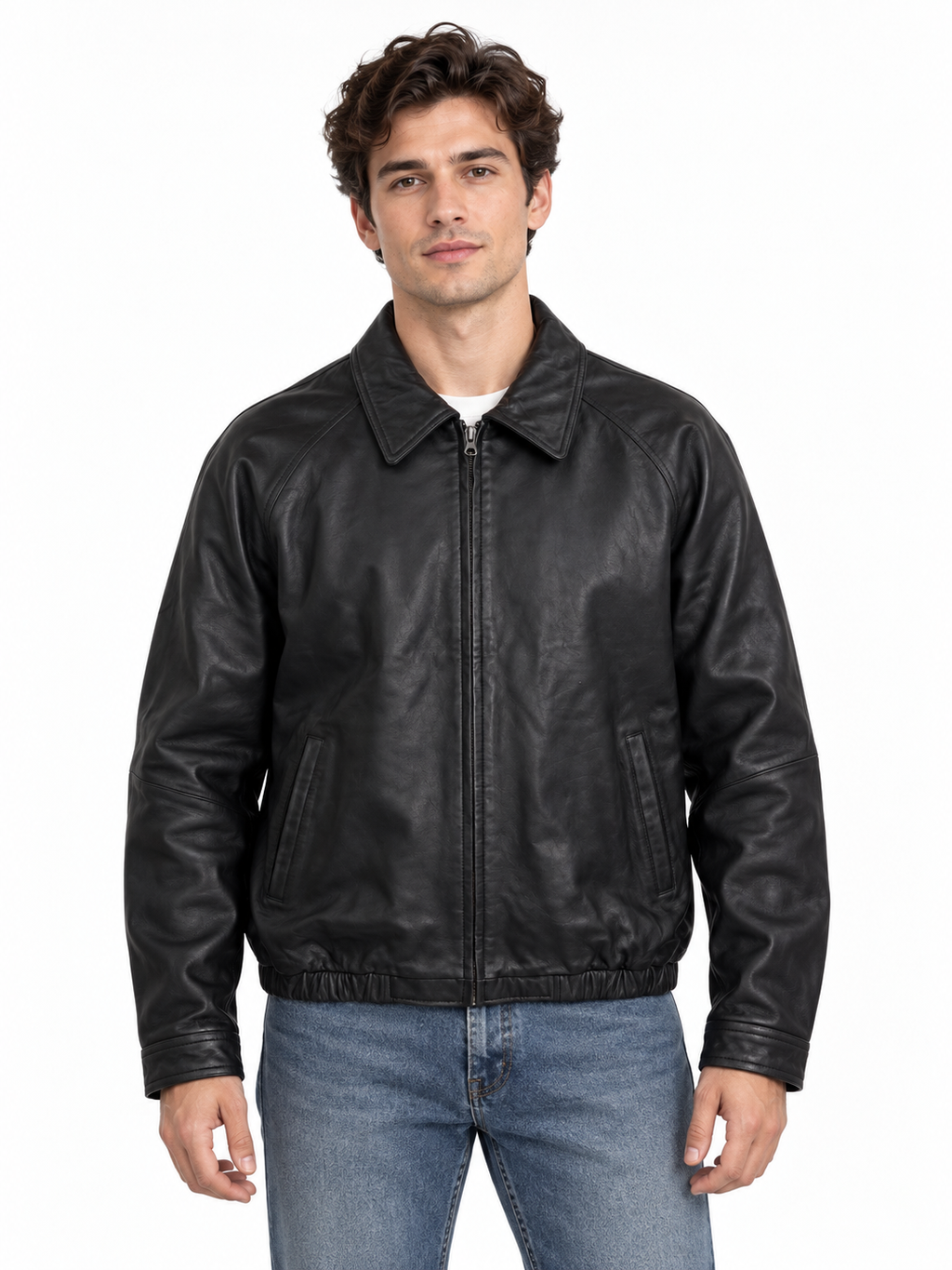 Men’s Genuine Soft Lambskin Leather Bomber Jacket – Black