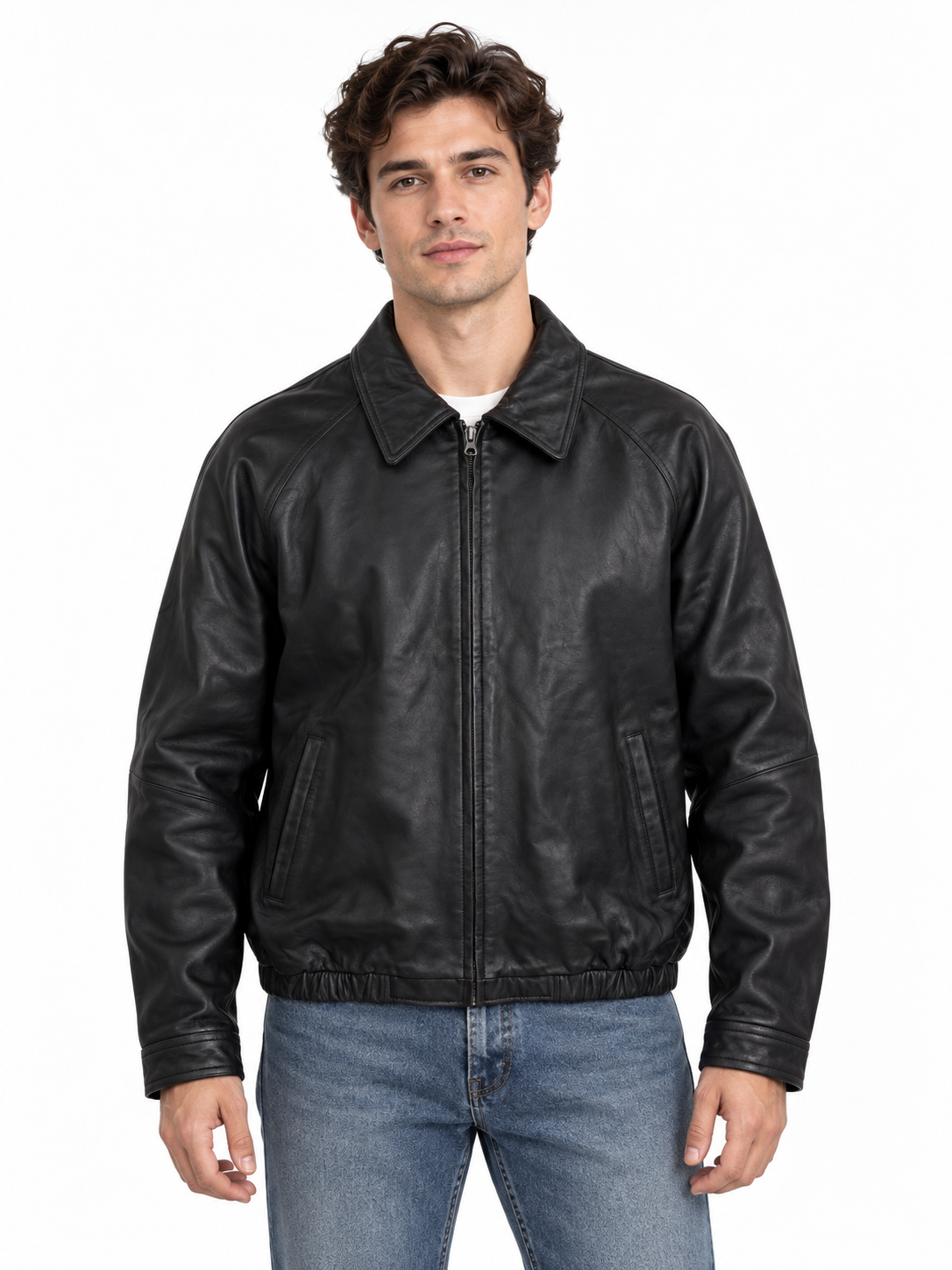 Men’s Genuine Soft Lambskin Leather Bomber Jacket – Black