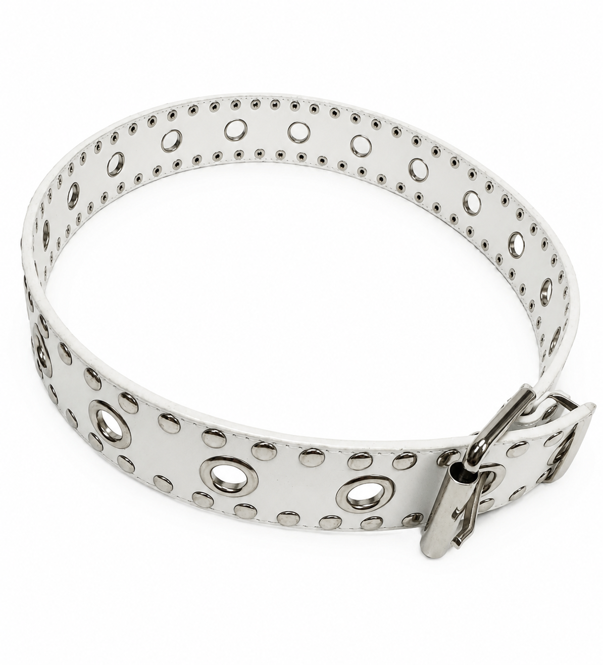 Women’s White Faux Leather Grommet Belt – Silver Studded Punk Western Fashion Belt
