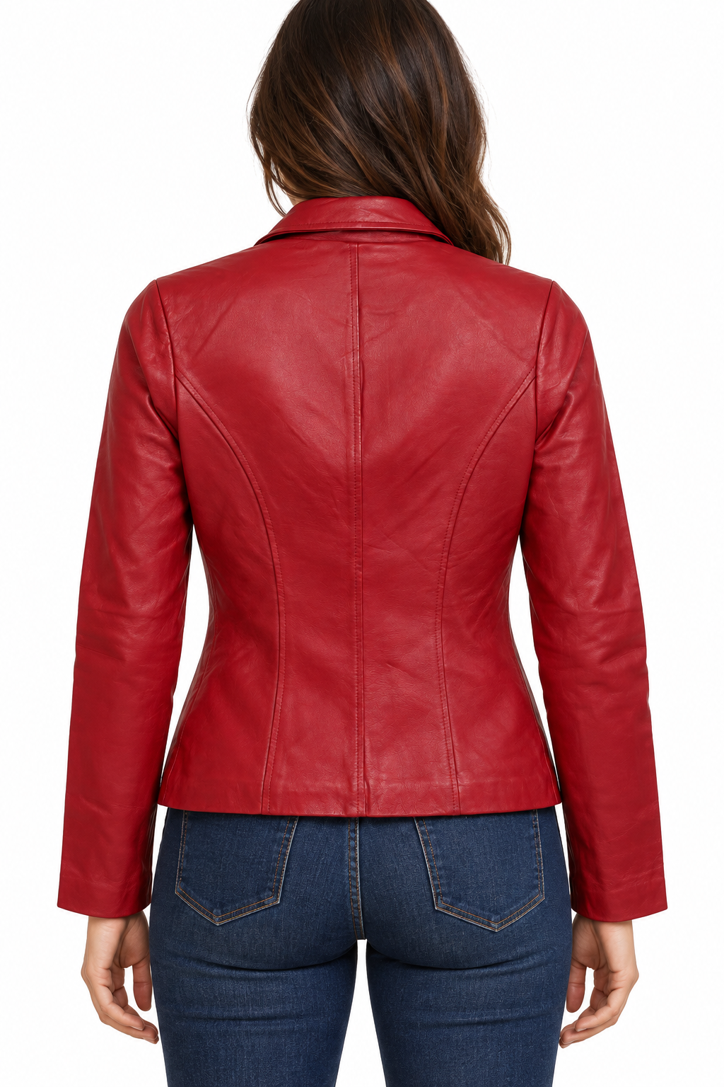 Women’s Genuine Leather Fitted Jacket – Red Zip-Up with Pointed Collar and Front Pockets