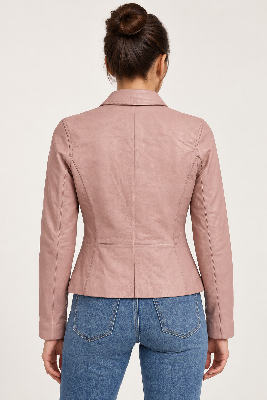 Women’s Genuine Leather Jacket – Pink Zip-Front Fitted Coat with Pointed Collar and Side Pockets