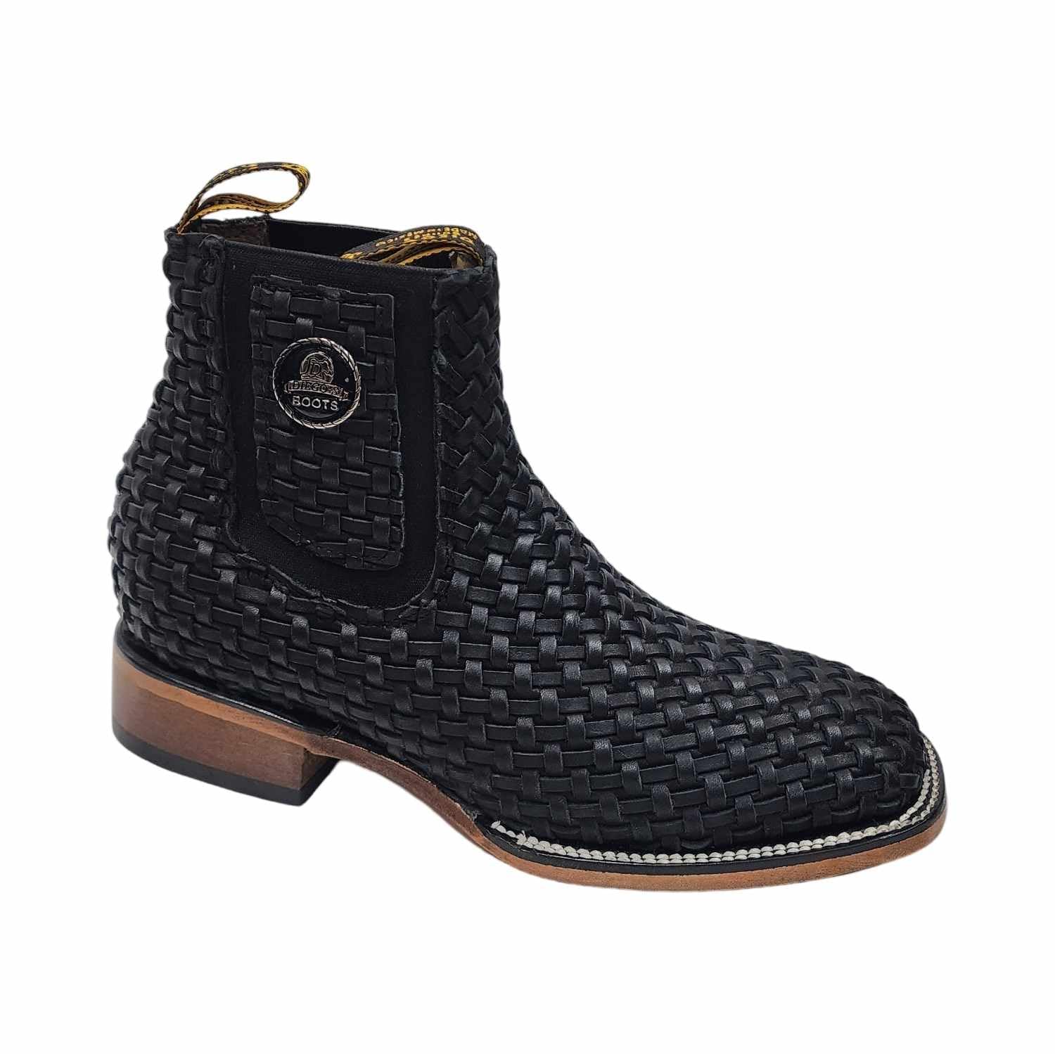 Mens Leather Cowboy Western Hand Woven Braided Square Toe half boots Chelsea Botin Vaquero Petatillo Tejidos