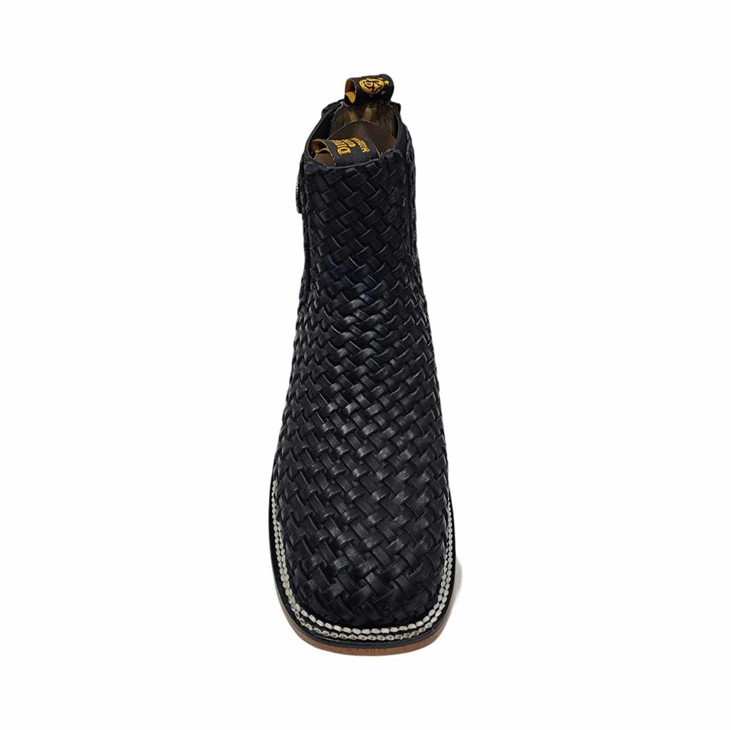 Mens Leather Cowboy Western Hand Woven Braided Square Toe half boots Chelsea Botin Vaquero Petatillo Tejidos