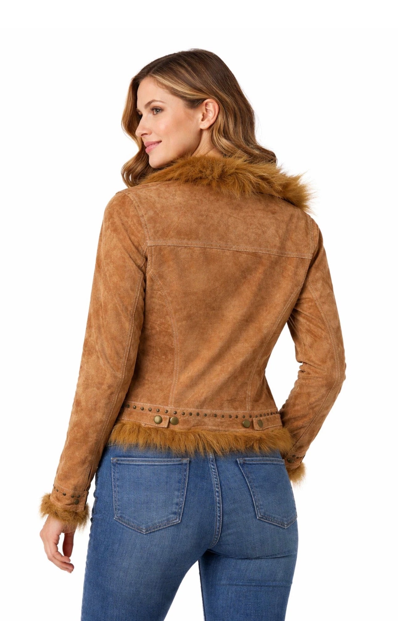 Women’s Genuine Suede Leather Jacket with Faux Fur Trim – Western Studded Cropped Jacket