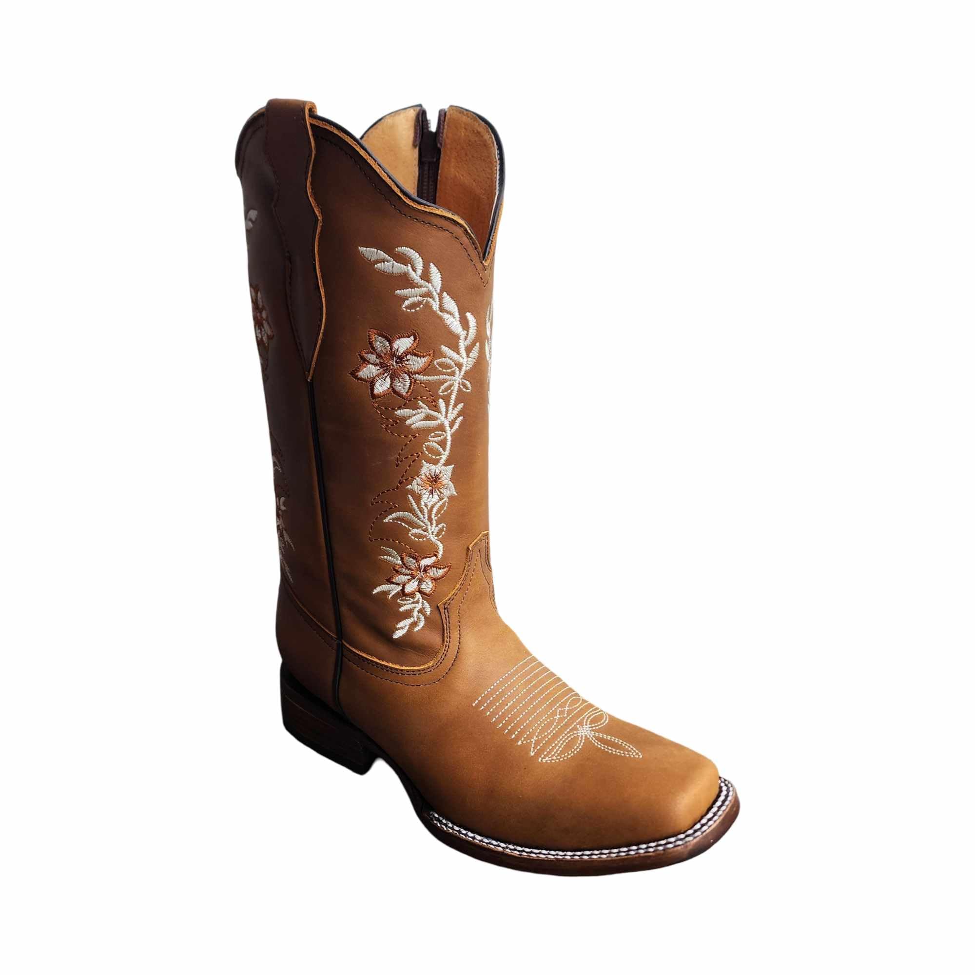 Dona Michi WOMENS COWGIRL Square toe leather Flower embroidered Design with zipper Botas para Mujer con Zierre
